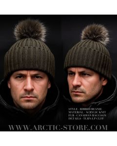 men’s nut brown fur beanie with small Canadian coon pom