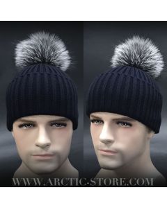 men's black beanie with silver fox pom and melange cuff