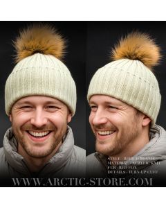 men’s flax fur beanie with small red fox pom