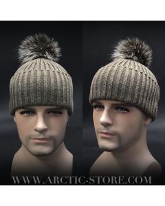 men’s nut brown fur beanie with small Canadian coon pom