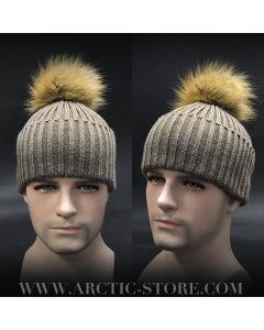 men’s nut brown fur beanie with small Canadian coon pom
