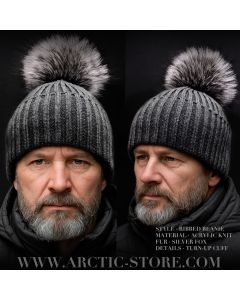 men’s cold brown fur beanie with silver fox pom