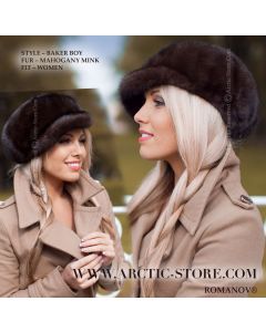 baker-style mink fur cap in rich brown, winter headwear shown on model with coat