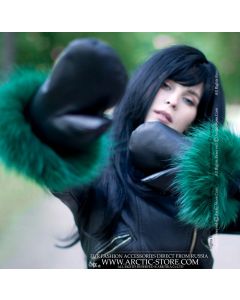 Emerald Green Raccoon Trim Leather Fur Mittens