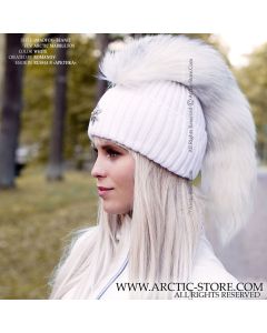 mohawk white beanie with arctic marble fox fur tail and flower brooch