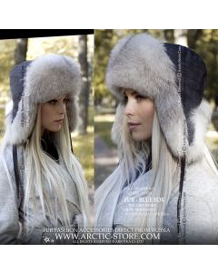 WOMEN’S TRAPPER HAT · POLAR FOX FUR · GREY DENIM