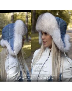 polar fox fur trapper hat with light blue denim