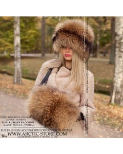 Russian fur hat and hand muff set in natural raccoon (tanuki) fur, featuring quilted interior and optional sheared beaver lining — coordinated luxury winter accessories.