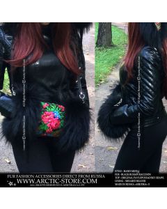 Russian fur muff with black raccoon and red floral shawl