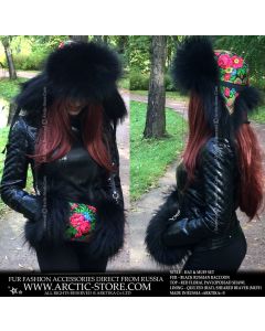 Russian fur set with black raccoon trapper and muff in red floral shawl