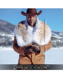 Russian Lynx Fur Power Pelerine from the TWINFUR™ Series, handcrafted by Romanov from two belly pelts of wild male lynx, worn by Swango Kango under a bright Oregon sky.