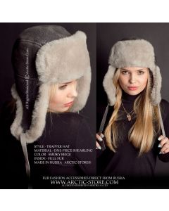 smoky beige shearling sheepskin trapper hat for women full fur