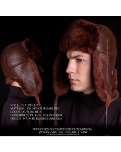 shearling sheepskin trapper hat auburn red full fur men