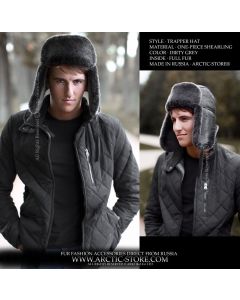 dirty grey shearling sheepskin trapper hat for men full fur