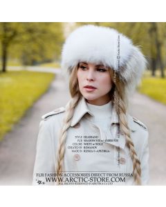White and amber-beige fox fur headband with soft side inserts