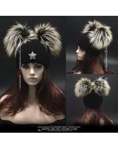 women beanie with two big brown oil fox fur pompoms