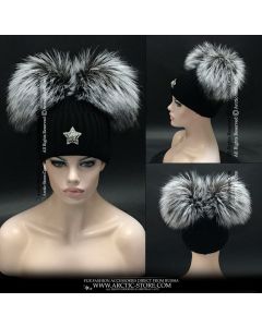 women beanie with two big silver fox fur pompoms