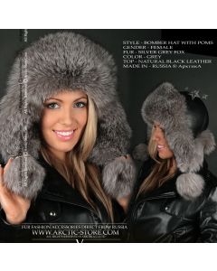 Women’s Bomber Hat · Grey Fox Fur · Leather · Poms