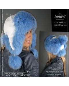 Women’s Bomber Hat · Sky Blue Fox Fur · Leather · Poms