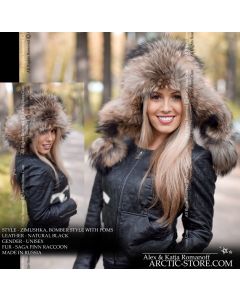 Women’s Bomber Hat · Russian Raccoon Fur · Leather · Poms