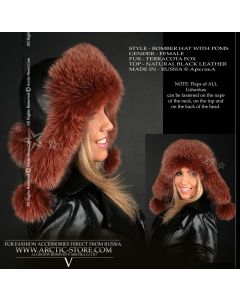Women’s Bomber Hat · Terracotta Fox Fur · Leather · Poms