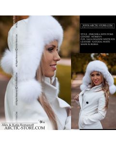 Women’s Bomber Hat · White Arctic Fox Fur · Leather · Poms