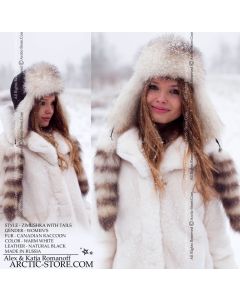 Women’s Bomber Hat · White Canadian Raccoon Fur · Leather · Tails