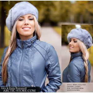 blue fur beret - sapphire mink fur hat for women