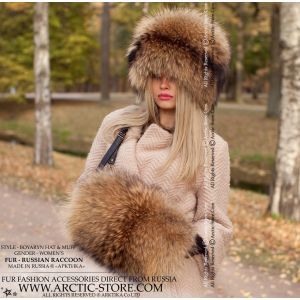 russian raccoon hat - coon fur hand-muff - arctic-store