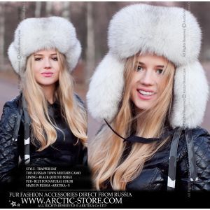 Camo winter fur hat - blue fox fur ushanka