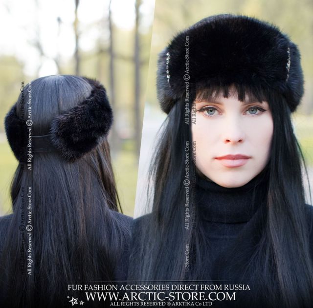 Black Mink Fur Headband with Silver Chains