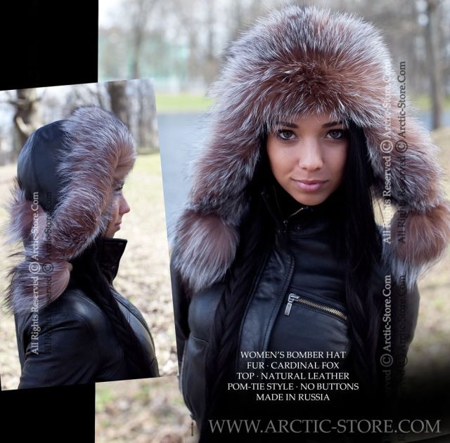 Women’s Bomber Hat · Cardinal Fox Fur · Leather · Poms