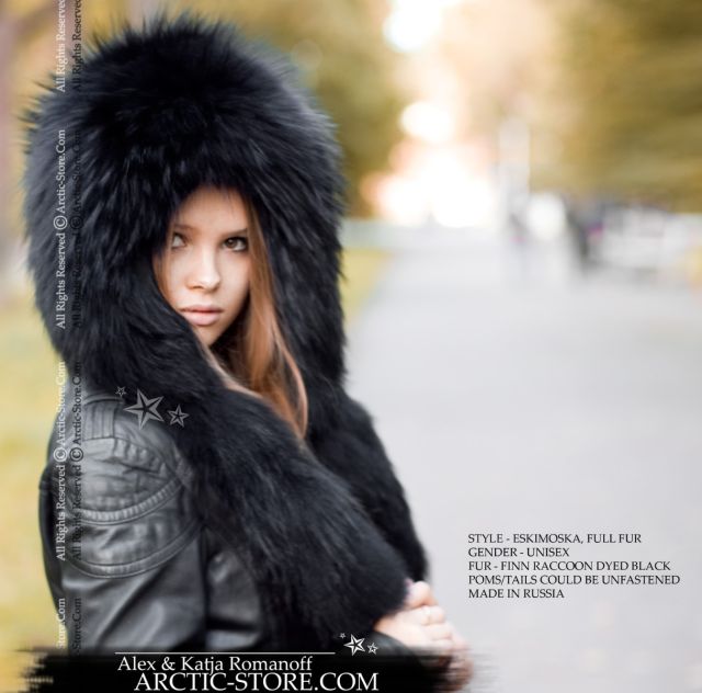 Eskimoska Hood/Hat w/ tails, Black Raccoon