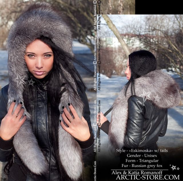 Eskimoska Hood/Hat w/ tails, Silver Grey Fox