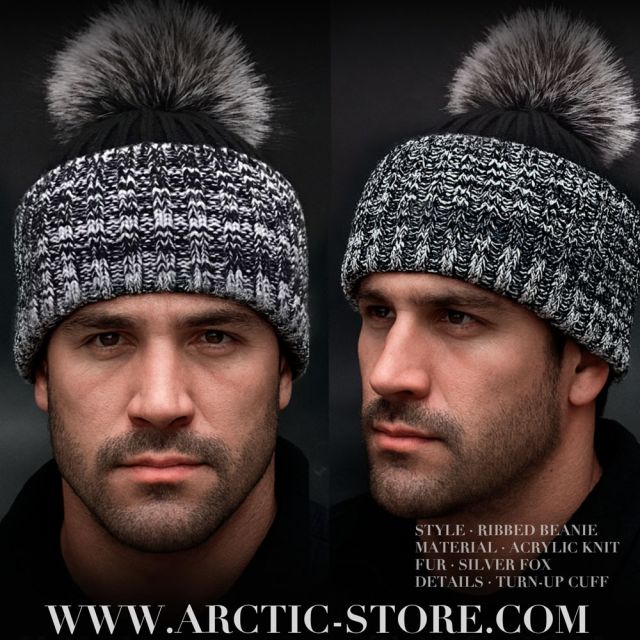 Men’s Black Beanie · Silver Fox Pom · Contrast Cuff
