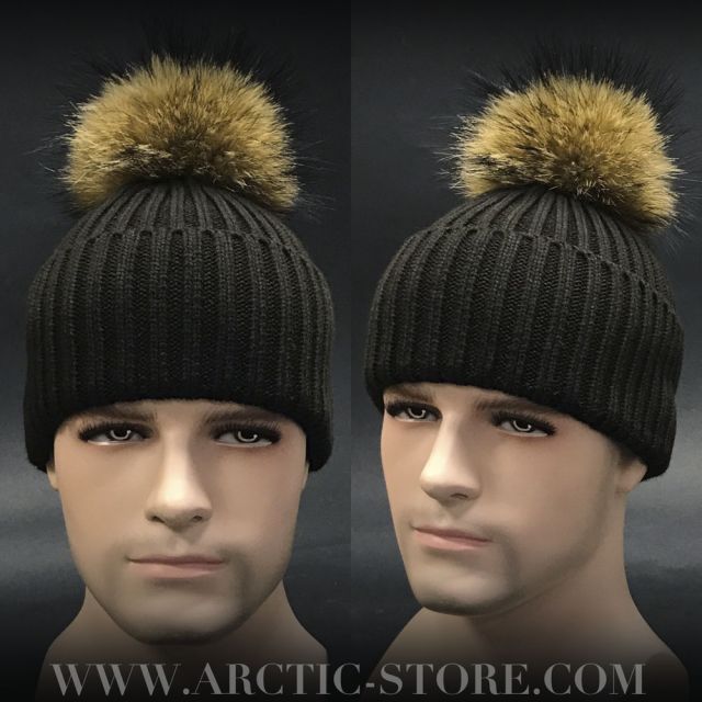 Men’s Brown Beanie · Racoon Pom · Deep Cold Knit