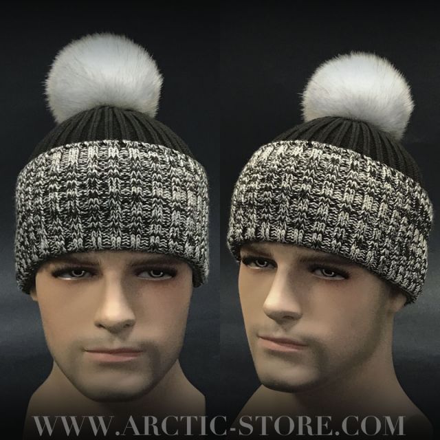 Men’s Brown Beanie · Polar Fox Pom · Contrast Cuff