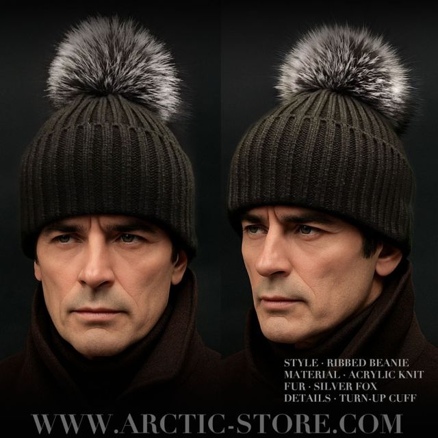 Men’s Cold Brown Fur Beanie · Silver Fox Pom · Deep Knit