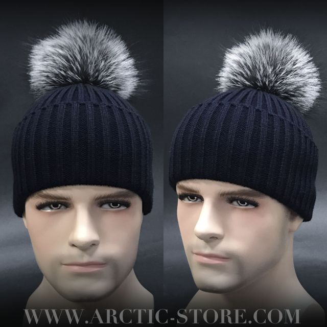 Men’s Deep Navy Fur Beanie · Silver Fox Pom · Ribbed Knit