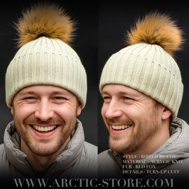 Men’s Flax Fur Beanie · Red Fox Pom · Calm Rib Knit