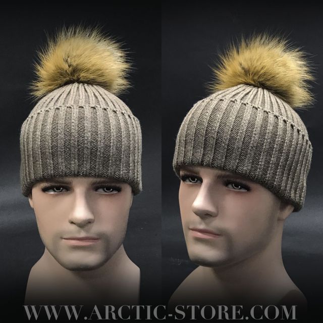 Men’s Nut Brown Fur Beanie · Red Fox Pom · Quiet Rib Knit