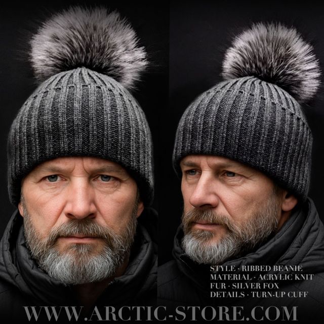 Men’s Steel Grey Fur Beanie · Silver Fox Pom · Ribbed Knit