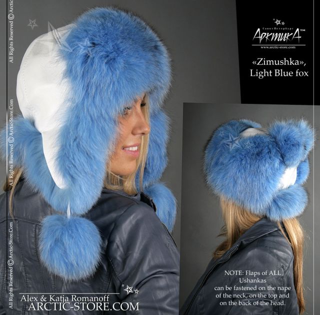 Women’s Bomber Hat · Sky Blue Fox Fur · Leather · Poms