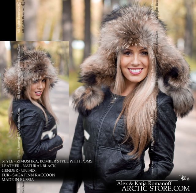 Women’s Bomber Hat · Russian Raccoon Fur · Leather · Poms