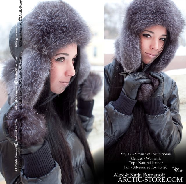 Women’s Bomber Hat · Blue-Toned Silver Fox Fur · Leather · Poms