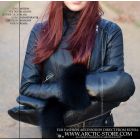 Luxury leather mittens for women with black fox fur trim and hypoallergenic beaver lining