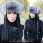 Blue frost fox fur headband for women with light silver-blue tone, handcrafted for winter elegance and structured fit.