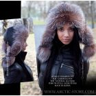 women’s bomber hat with cardinal fox fur and leather crown