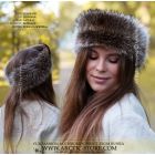 Canadian Raccoon Fur Headband on woman - front & back view, natural silver-brown raccoon, voluminous winter headband