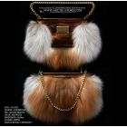 Gold fox fur clutch by Romanov with short golden chain and natural red-white fur pattern